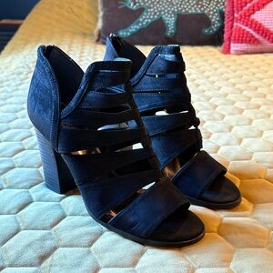 Black Faux Suede Strappy Heeled Sandals
